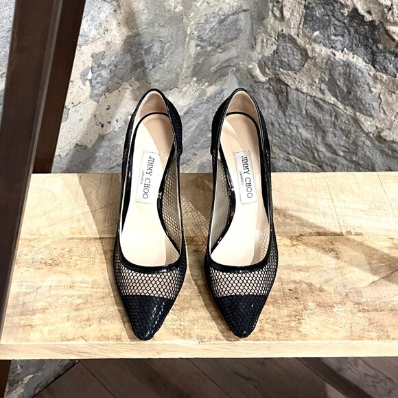 Jimmy Choo Black Patent Romy Mesh 100 Pumps - Picture 2 of 11
